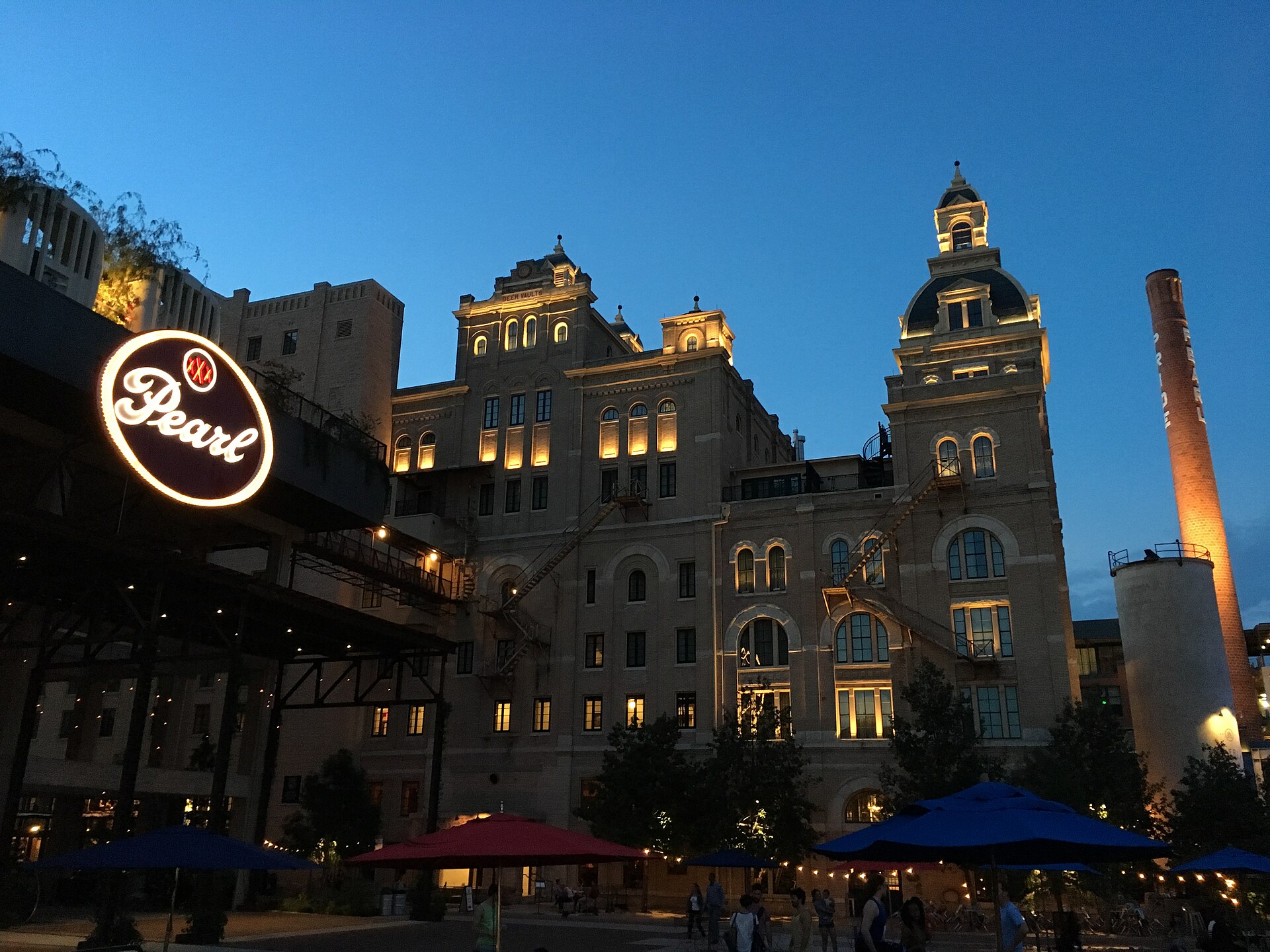 The historic Pearl Brewery brewhouse building at night